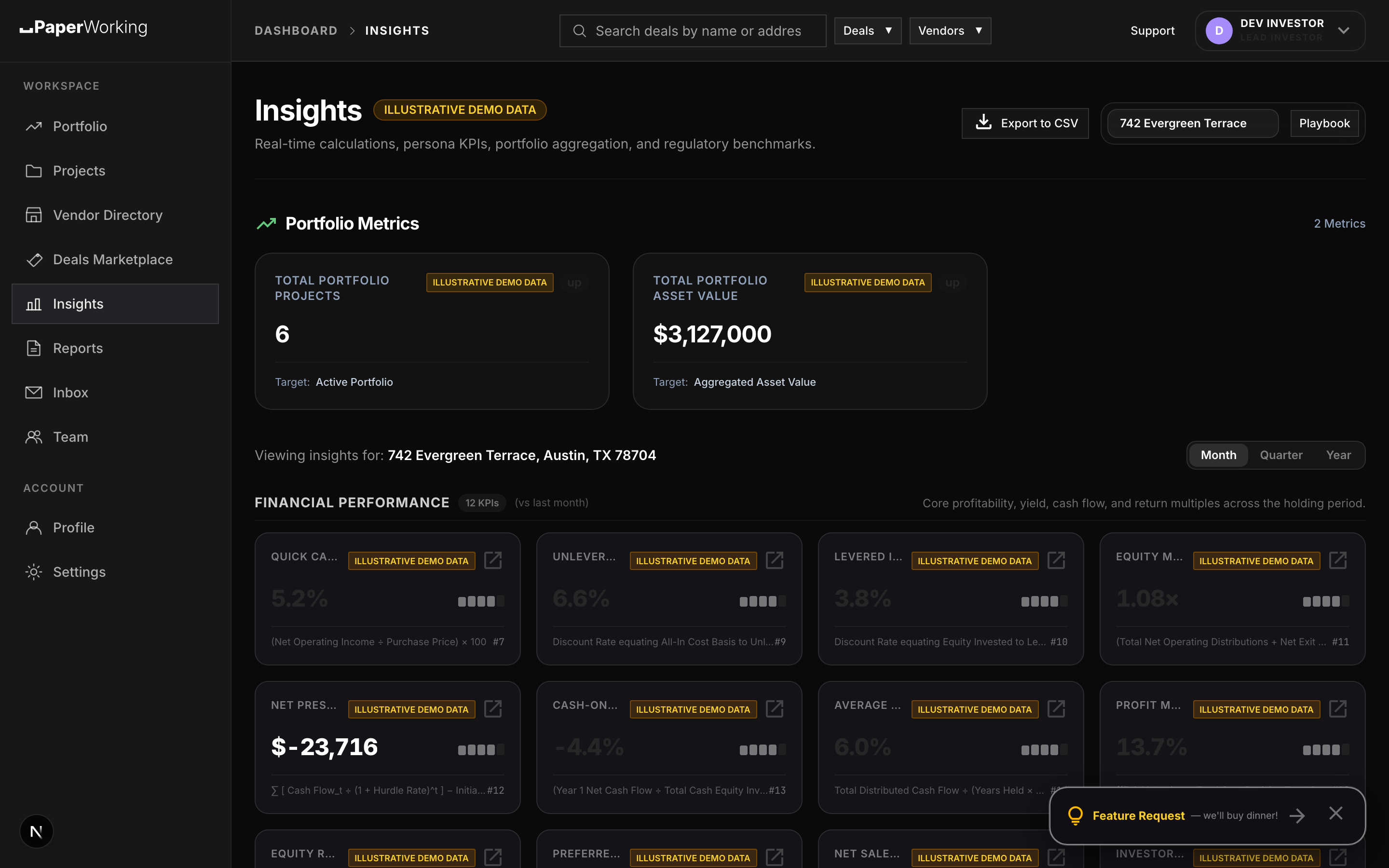 PaperWorking Portfolio Insights screen showing live 33 Datapoints, Net Operating Income, IRR, Cap Rate, and Return On Equity