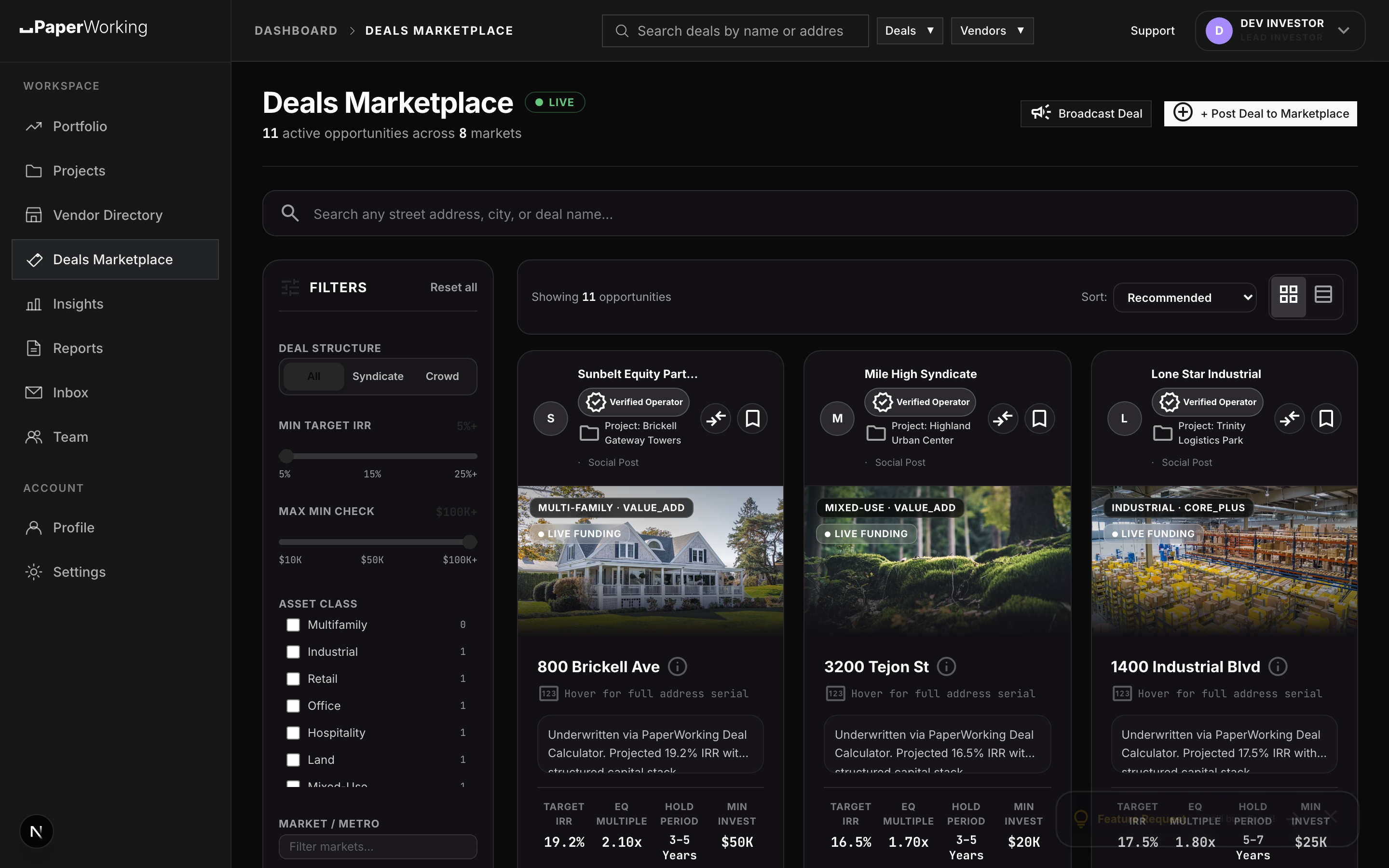 PaperWorking Deal Marketplace interface displaying active multifamily, industrial, and residential investment rounds